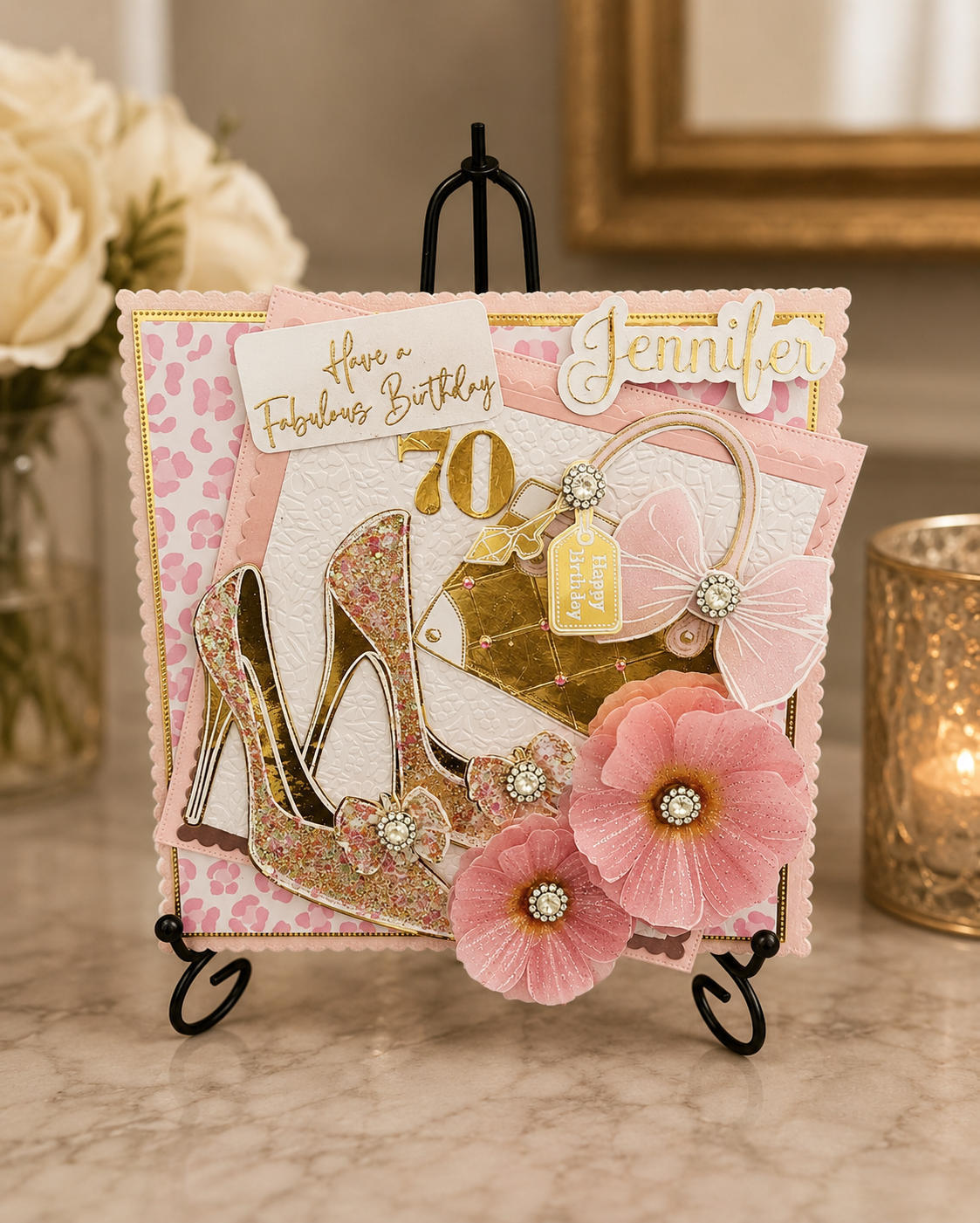 Personalised Luxury 3D Handmade Boxed Birthday Card | Gold Stilettos Handbag | Name & Age | Any Age | 8x8