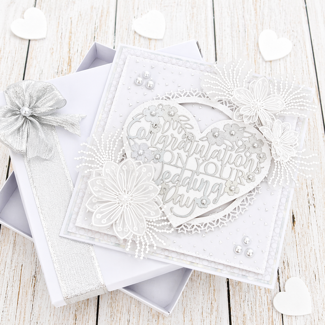 Luxury 3D Handmade Boxed Wedding Card | Congratulations On Your Wedding Day | White Lace Heart Organza Flowers | 8x8