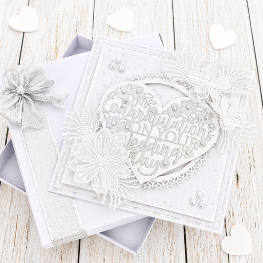 Luxury 3D Handmade Boxed Wedding Card | Congratulations On Your Wedding Day | White Lace Heart Organza Flowers | 8x8