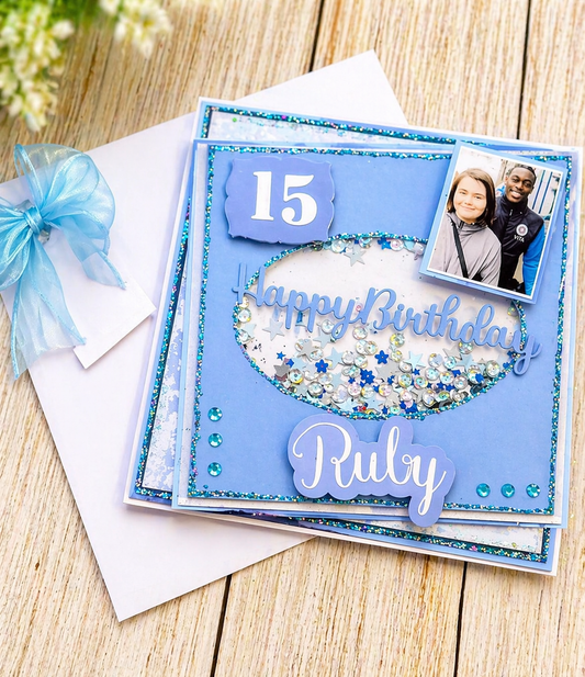 Personalised 3D Luxury Shaker Birthday Card | Photo & Name | Blue Glitter Stars Sequins | Any Relation & Age | 8x8