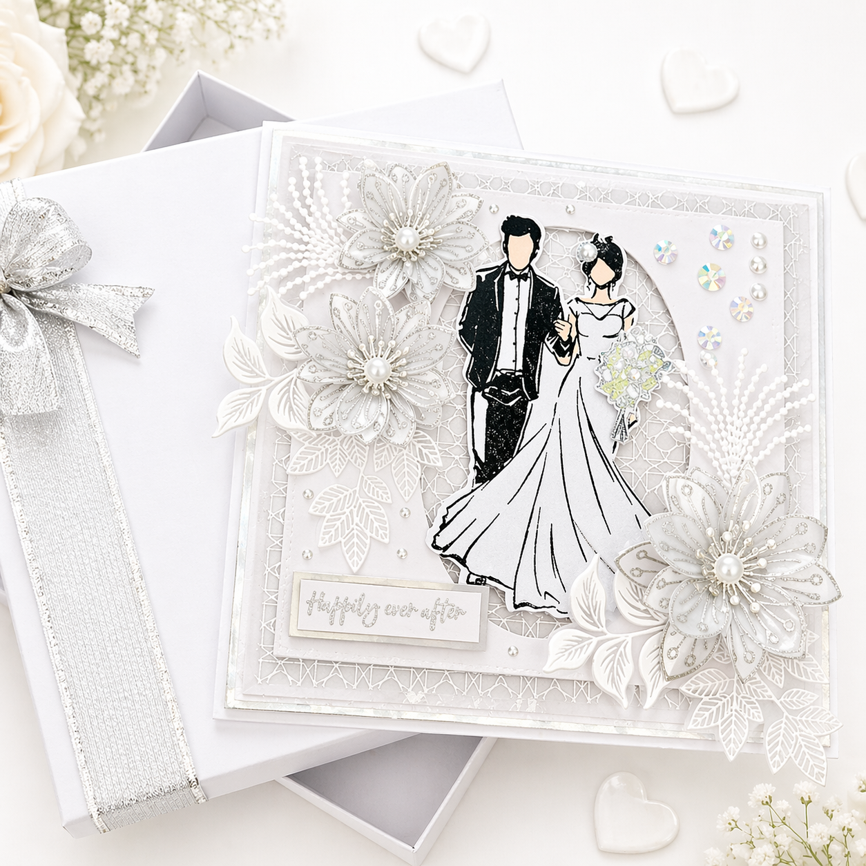 Luxury 3D Handmade Boxed Wedding Day Card | Bride & Groom Happily Ever After | Iridescent Flowers | 8x8