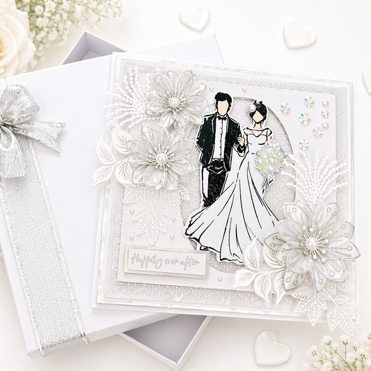 Luxury 3D Handmade Boxed Wedding Day Card | Bride & Groom Happily Ever After | Iridescent Flowers | 8x8