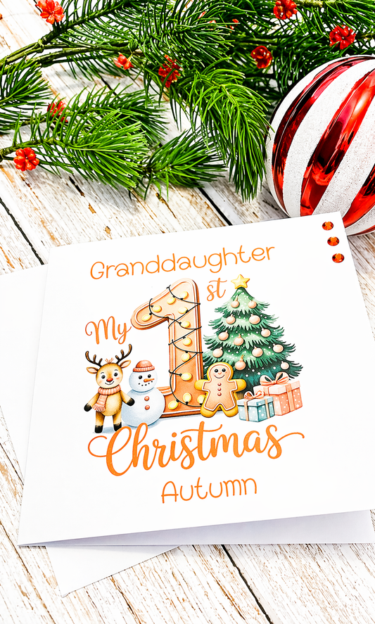 Personalised Granddaughter My 1st Christmas Card | Reindeer Snowman Gingerbread Tree | Name | 6x6