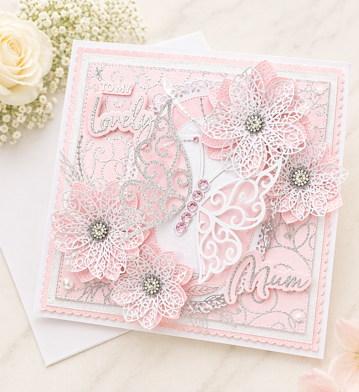 Luxury 3D Handmade Boxed Card | Pink Silver Lace Butterfly White Filigree Flowers | To My Lovely | Mum Daughter Sister | Any Relation | 8x8