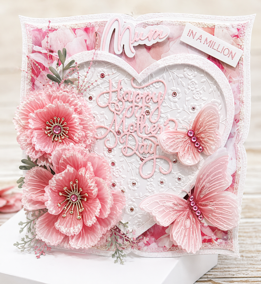 Beautiful 8x8 Boxed Mother's Day Card With Heart Design  Flowers And Butterflies