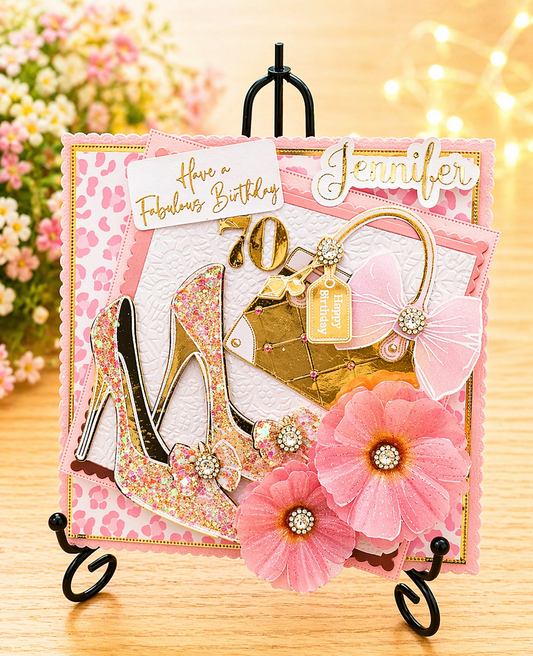Personalised Luxury 3D Handmade Boxed Birthday Card | Gold Stilettos Handbag | Name & Age | Any Age | 8x8