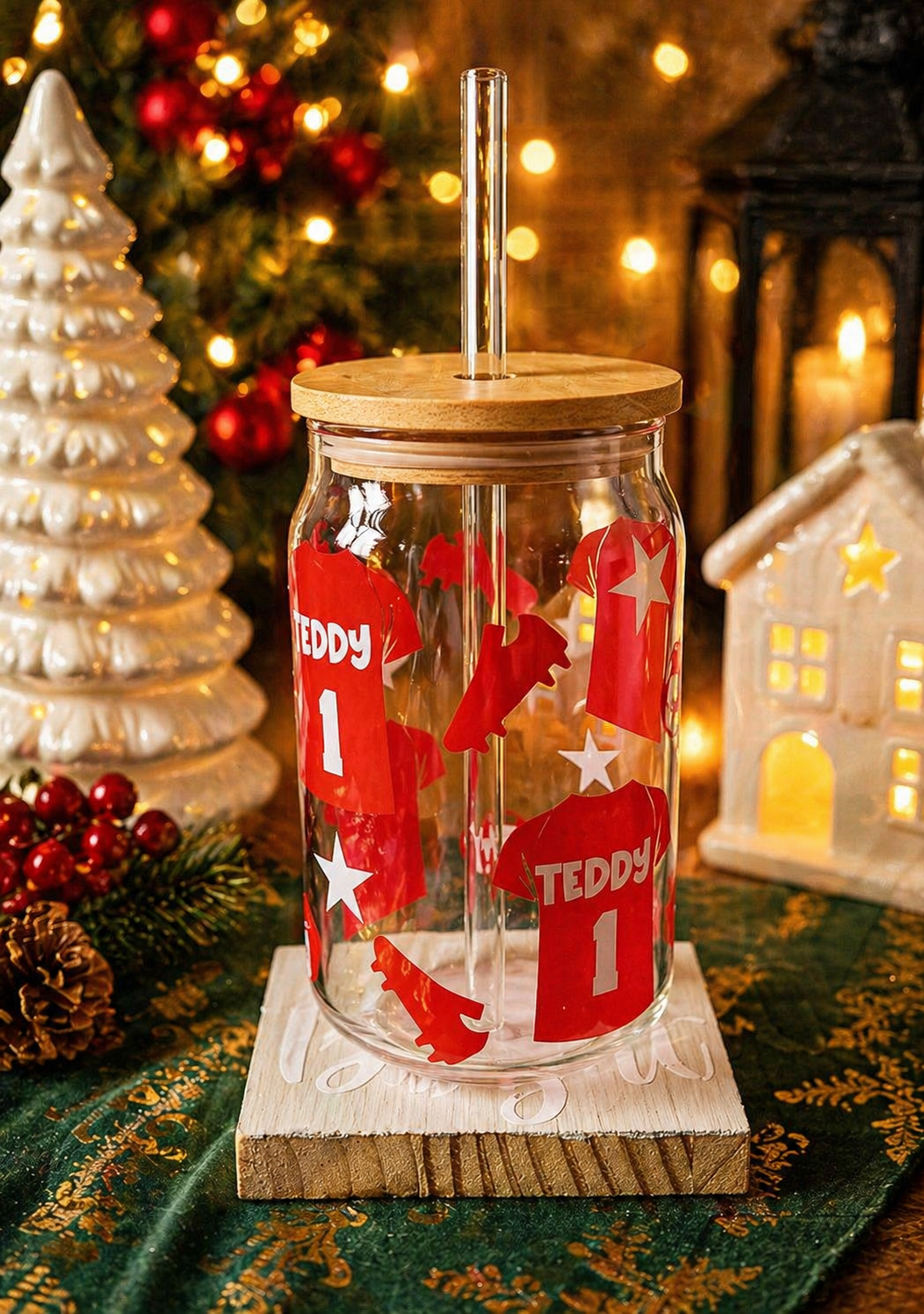 Personalised Football 16oz Glass Tumbler | Name & Number on Shirt | Bamboo Lid & Glass Straw