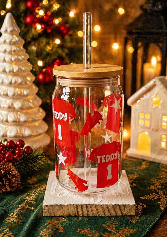 Personalised Football 16oz Glass Tumbler | Name & Number on Shirt | Bamboo Lid & Glass Straw