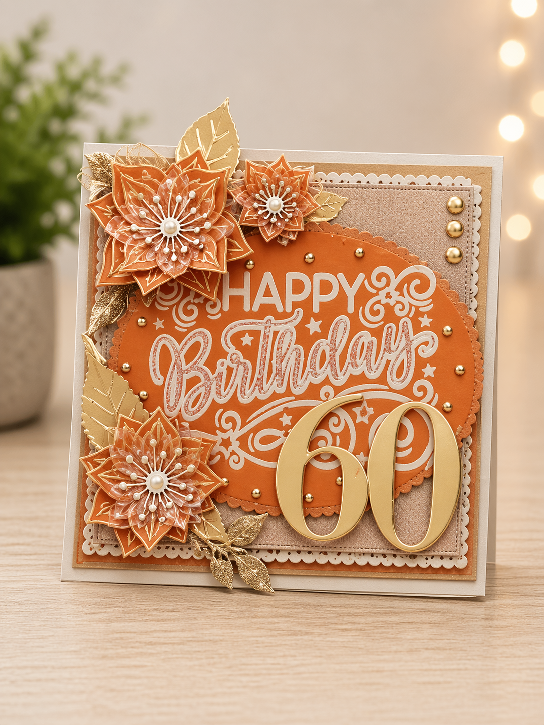 Personalised 3D Luxury Boxed Birthday Card | Orange Gold Poinsettias Mirror 60 | Any Age Any Relation | Handmade 8x8