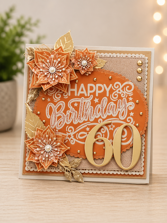 Personalised 3D Luxury Boxed Birthday Card | Orange Gold Poinsettias Mirror 60 | Any Age Any Relation | Handmade 8x8