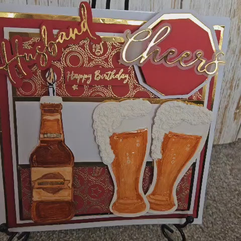 Personalised 3D Luxury Boxed Birthday Card | Beer Bottle Pint Glasses Cheers | Husband Dad Brother | Any Relation | 8x8