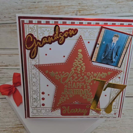 Personalised 3D Luxury Boxed Birthday Card | Red Gold Star Cheers Photo | Grandson Son Brother | Any Relation Age & Name | 8x8