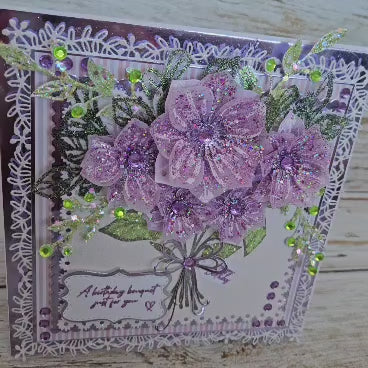 Luxury 3D Handmade Boxed Birthday Card | Purple Glitter Dahlia Bouquet Silver Bow | Daughter Sister Friend | 8x8