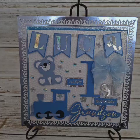 Personalised 3D Luxury Boxed 1st Birthday Card | Name Banner Teddy Bear Train | Son Grandson Nephew | Any Relation | 8x8