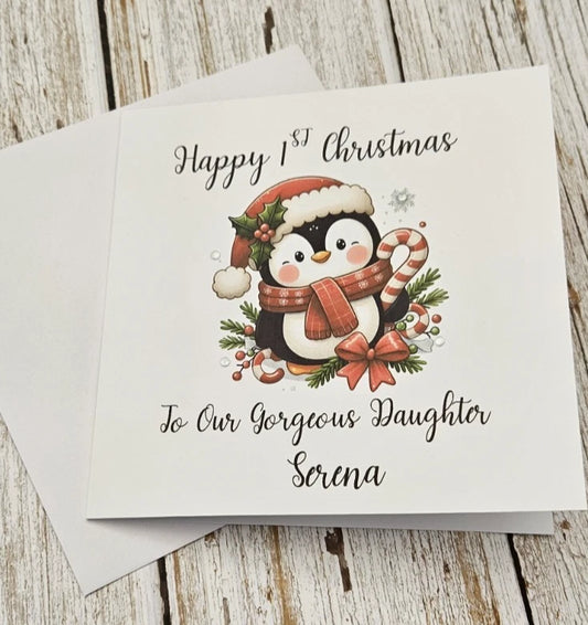 Personalised Happy 1st Christmas Card | Cute Penguin Santa Hat | Daughter Granddaughter Niece | Any Relation | 6x6