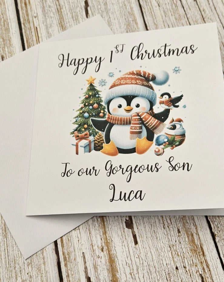 Personalised Happy 1st Christmas Card | Winter Penguin Christmas Tree | Son Grandson Nephew | Any Relation | 6x6