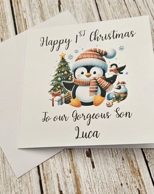 Personalised Happy 1st Christmas Card | Winter Penguin Christmas Tree | Son Grandson Nephew | Any Relation | 6x6