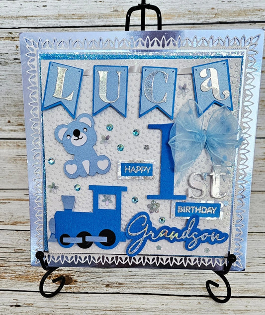 Personalised 3D Luxury Boxed 1st Birthday Card | Name Banner Teddy Bear Train | Son Grandson Nephew | Any Relation | 8x8