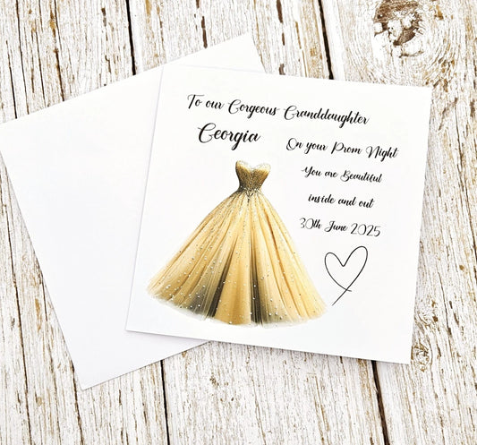 Personalised Prom Night Card | Gold Champagne Ballgown | Granddaughter Daughter Sister | Any Relation & Date | 6x6