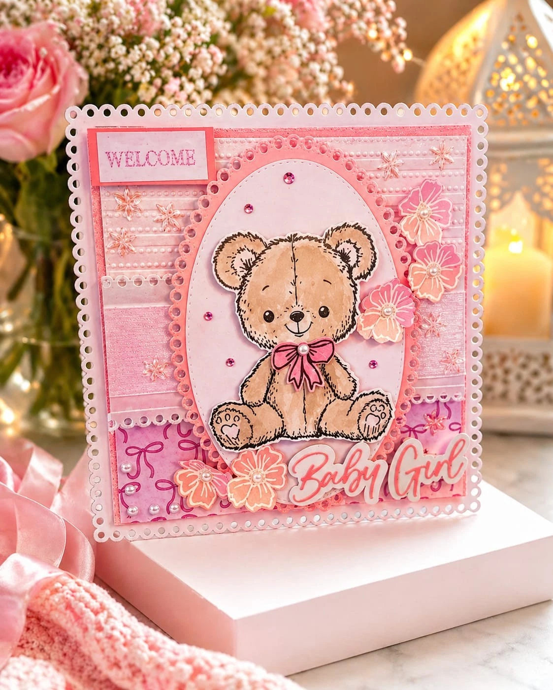 🐻 Welcome Baby Girl — Luxury 3D Handmade Boxed Card | 8x8 inch