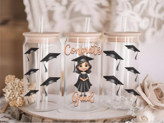 Graduation 16oz Glass Libby Can with lid and straw