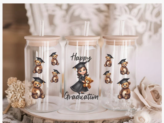 Congratulation on your Graduation 16oz Glass Libby Can with lid and straw