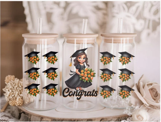 Happy Graduation 16oz Glass Libby can with lid and straw