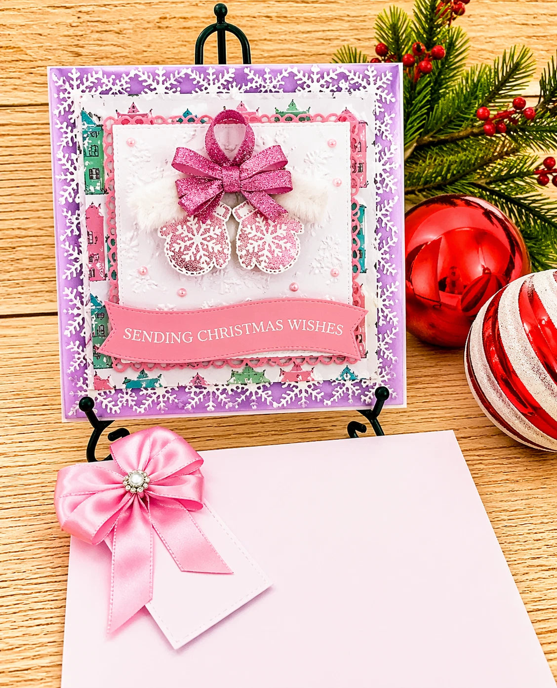 Personalised 3D Luxury Boxed Christmas Card | Pink Glitter Mittens | Any Relation | Handmade 8x8