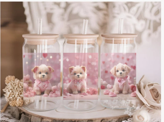 Puppy 16oz Glass Libby Can with lid and straw