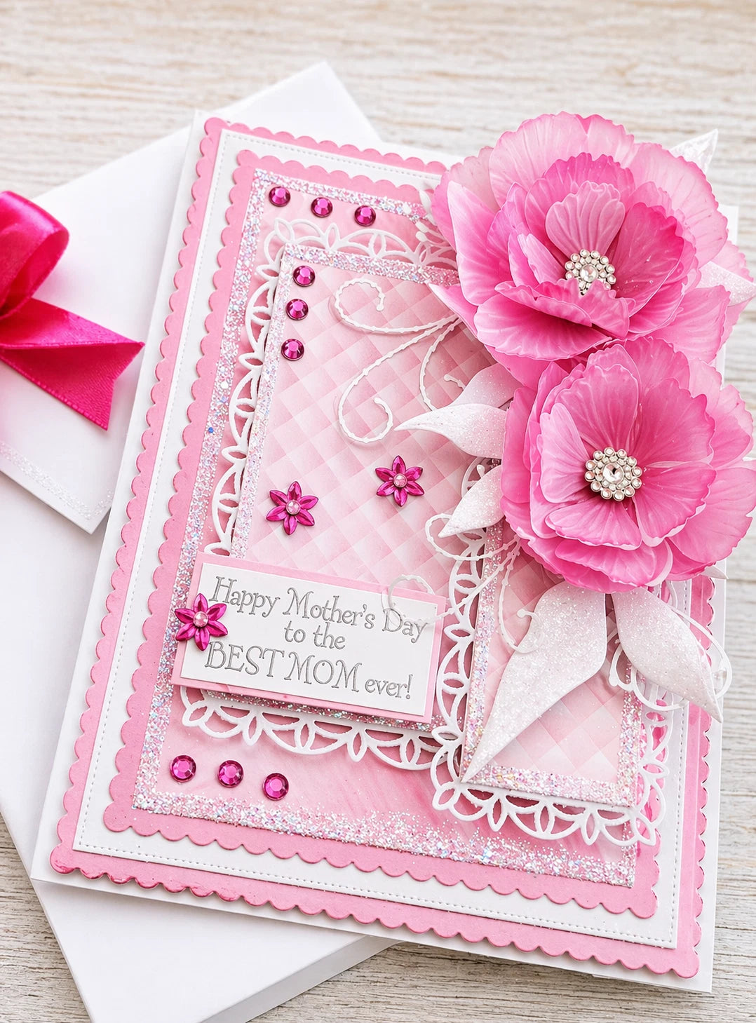 Gorgeous Luxury Boxed 6x8 Mother's Day Card Handmade With Peony Flowers.