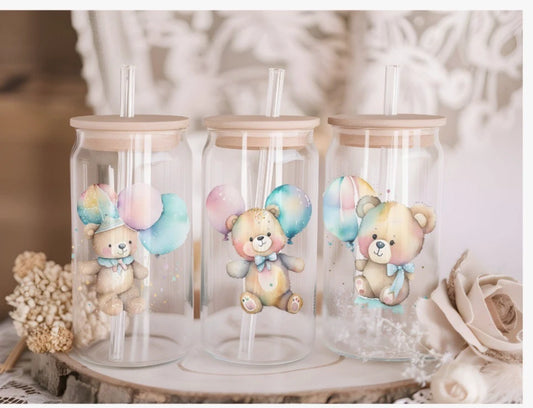 Personalised Teddy Bear 16oz Glass Libby Can with Lid and Straw