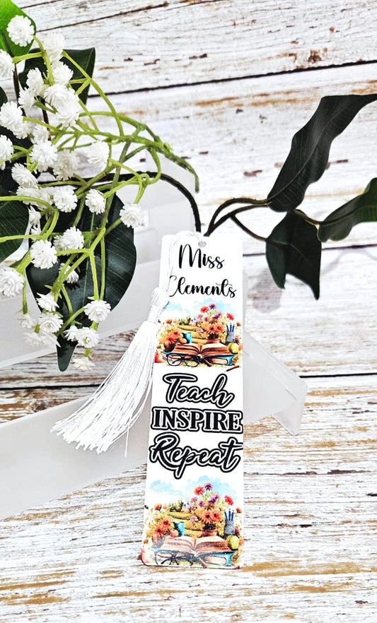 🍎 Personalised "Teach, Inspire, Repeat" Metal Bookmark — Ideal Teacher End of Term Gift