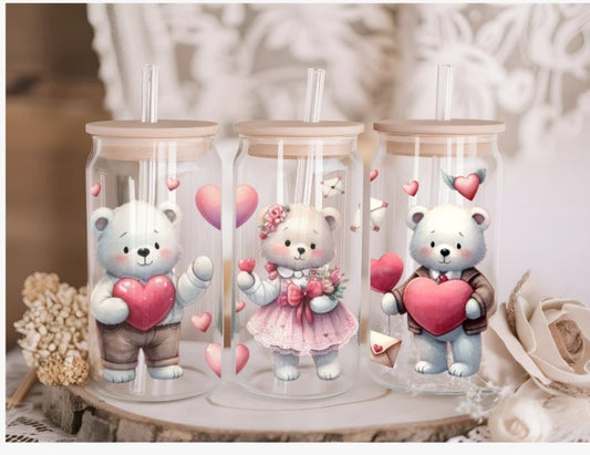 Teddy Acrylic or Glass 16oz Libby can with Lid and Straw