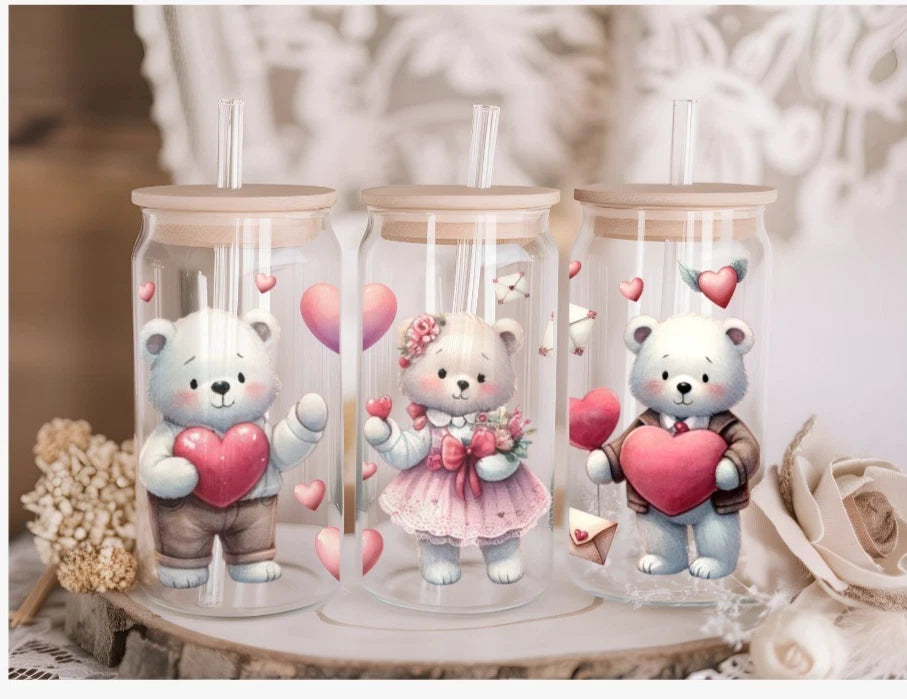 Teddy Acrylic or Glass 16oz Libby can with Lid and Straw