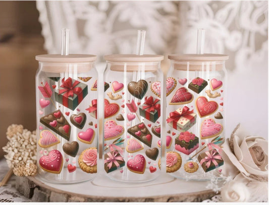 Hearts and Choc Acrylic or Glass 16oz libby can with Lid and Straw