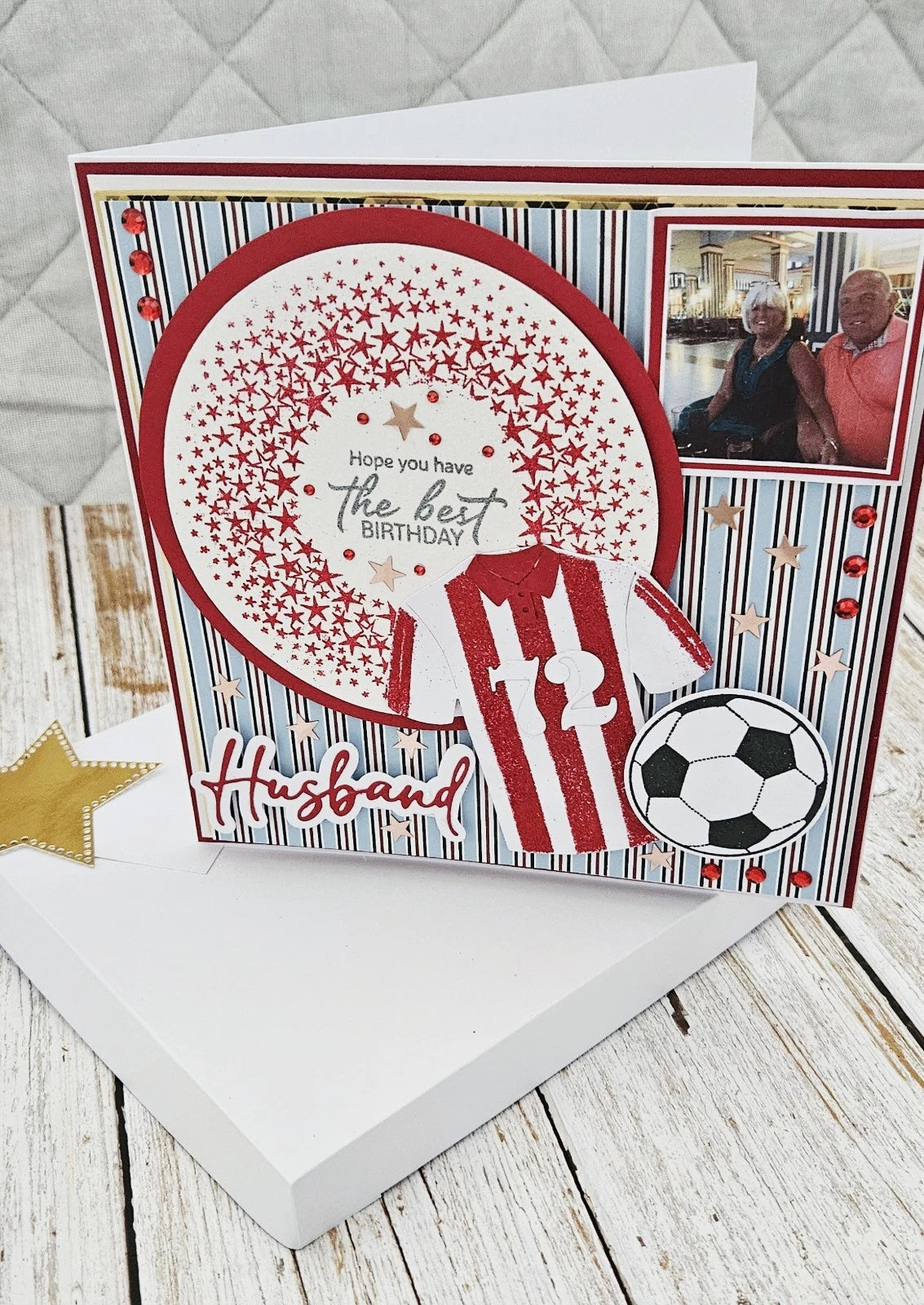 Personalised 3D Luxury Boxed Birthday Card | Football Shirt Red Glitter Stars Photo Pocket | Any Relation | Handmade 8x8