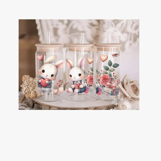 Bunny Acrylic or Glass 16oz Libby Can with Lid and Straw