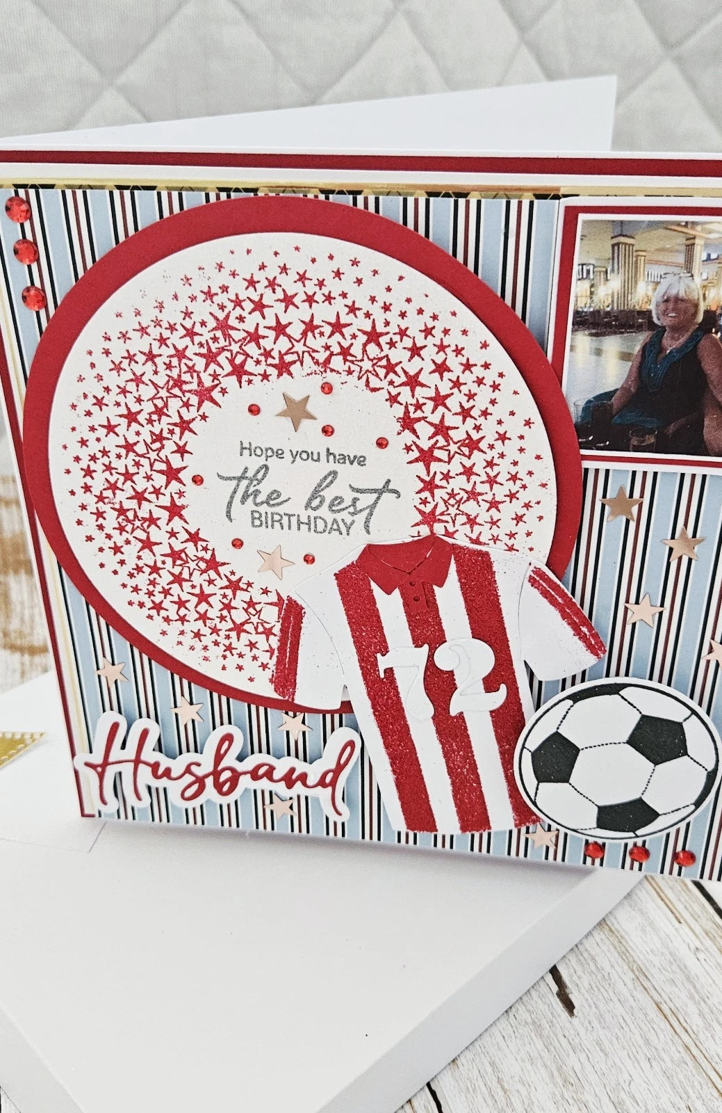 Personalised 3D Luxury Boxed Birthday Card | Football Shirt Red Glitter Stars Photo Pocket | Any Relation | Handmade 8x8
