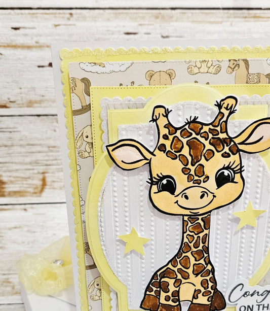 Luxury 3D Handmade Boxed New Baby Card | Adorable Giraffe Yellow Stars | Congratulations | Grandparents Parents | 8x8