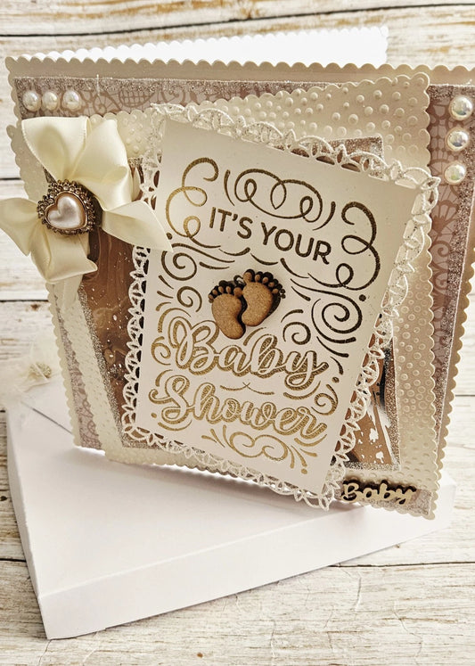 Luxury 3D Handmade Boxed Baby Shower Card | It's Your Baby Shower Gold Script | Ivory Gold Lace | 8x8