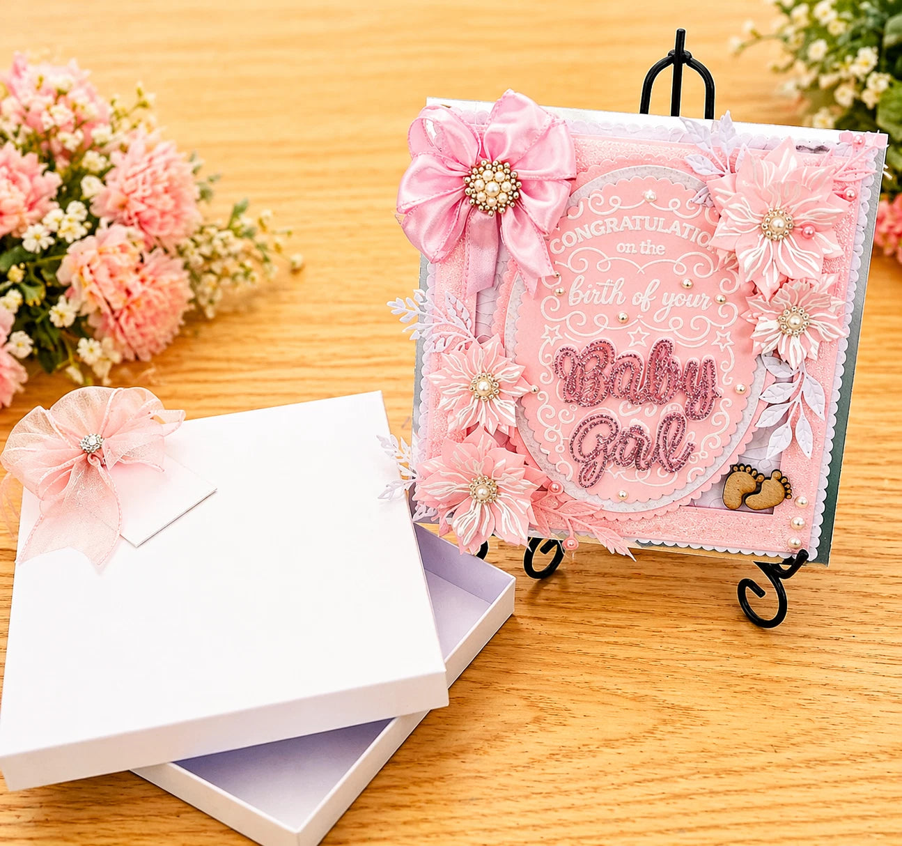 Luxury 3D Handmade Boxed New Baby Girl Card | Pink Satin Bow Poinsettias | Congratulations | 8x8