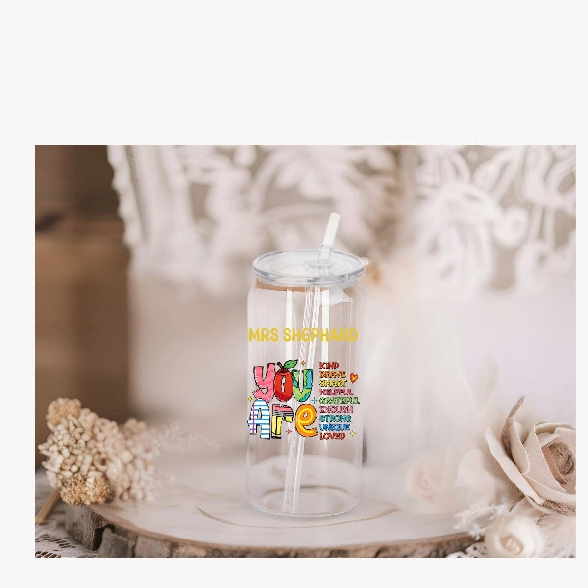 Personalised Teacher 16oz Acrylic or Glass libby can with lid and straw