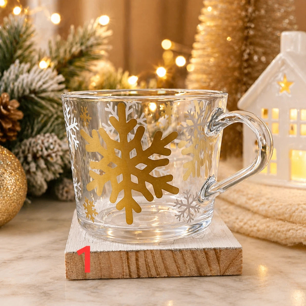 Christmas Glass Mug | 5 Festive Designs | Gold & White | 36cl