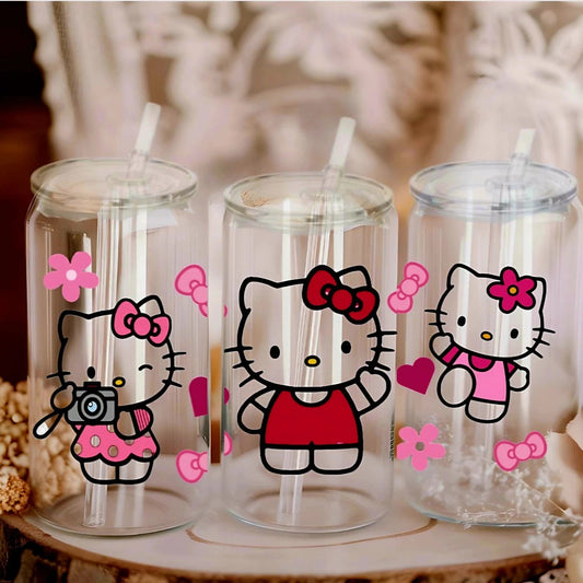Hello kitty 16oz Glass or Acrylic Can with Lid and Straw. Customisable