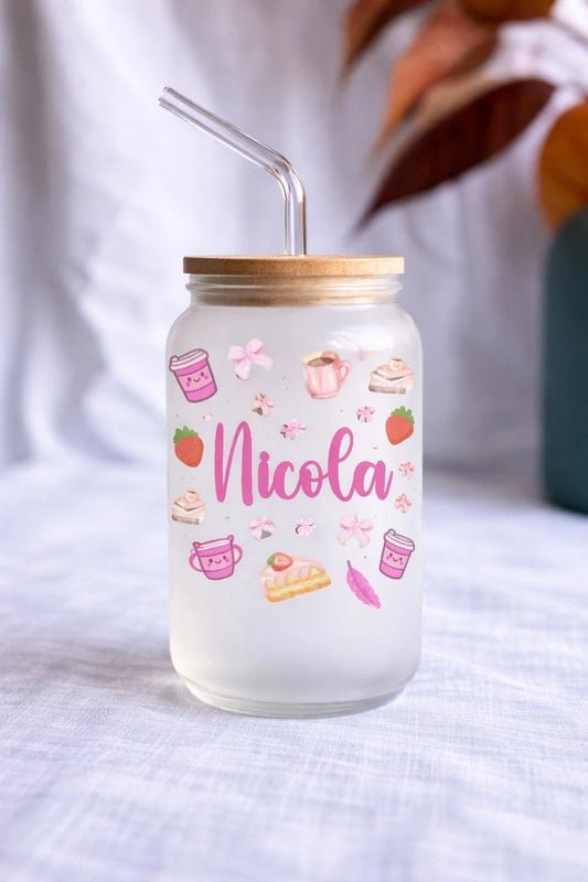 Personalised Kawaii Strawberry & Cake 16oz Glass Can with Bamboo Lid and Straw