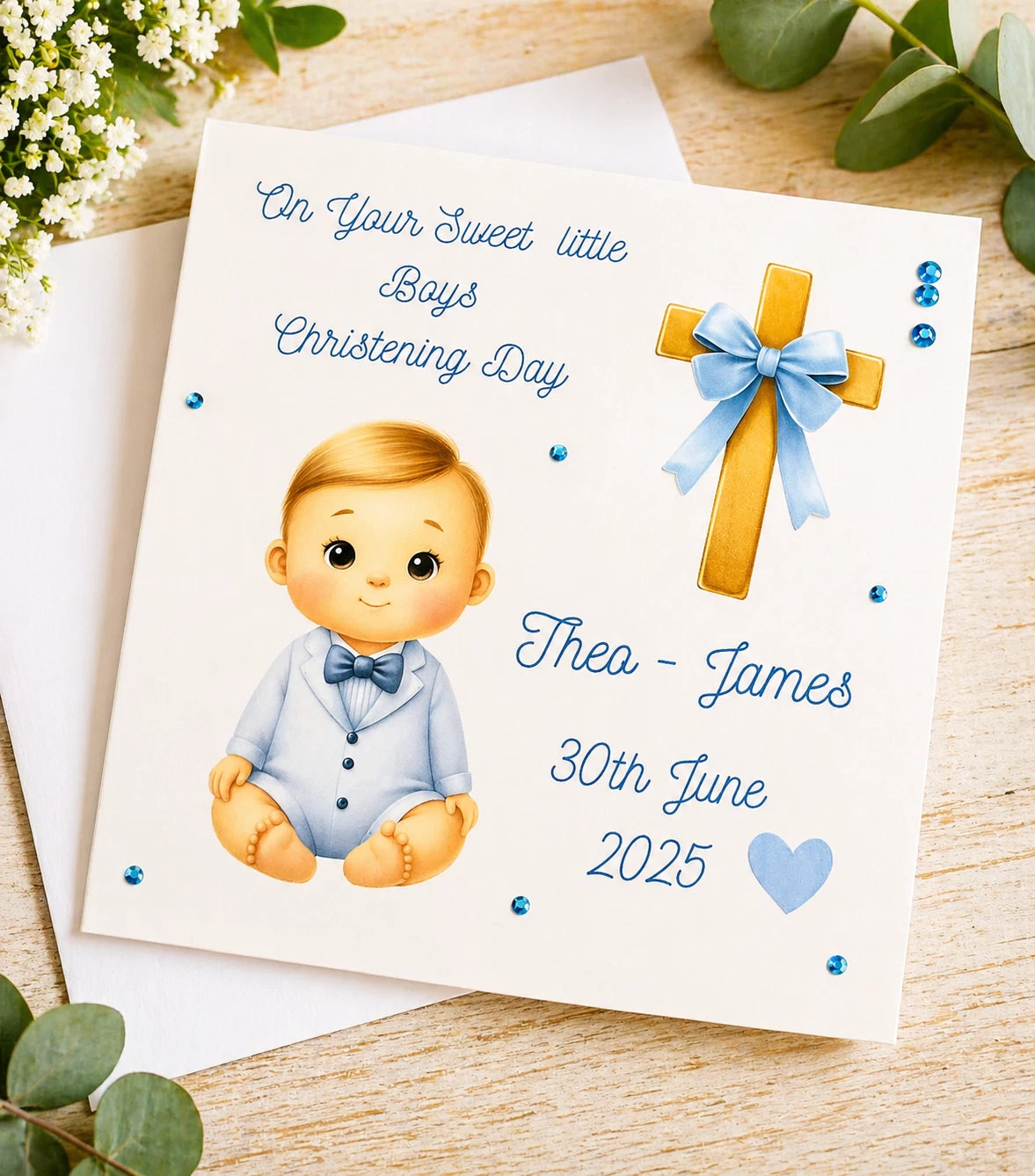 Personalised Little Boy Christening Card Customised Name Date And Venue