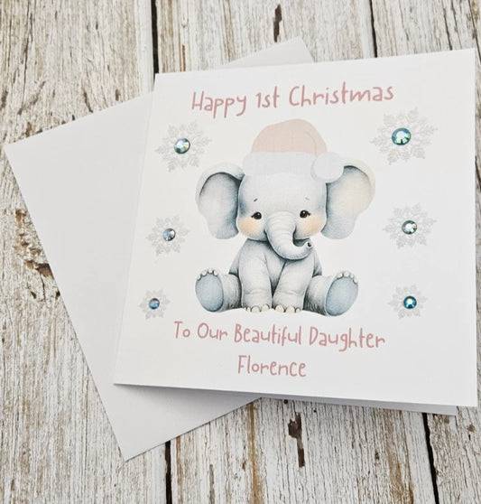 Personalised Happy 1st Christmas Card | Baby Elephant Blush Santa Hat Snowflakes | Daughter Granddaughter Niece | Any Relation | 6x6