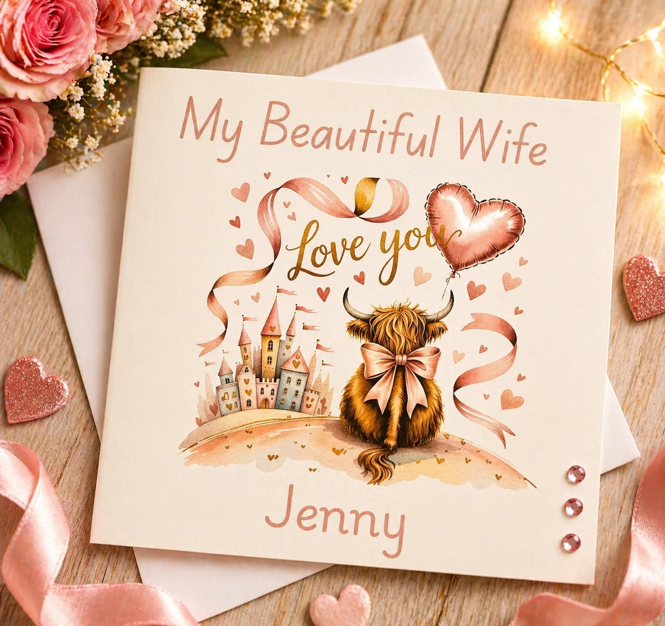 Personalised Wife Valentine's Day Card | Highland Cow Fairy Tale Castle | 6x6