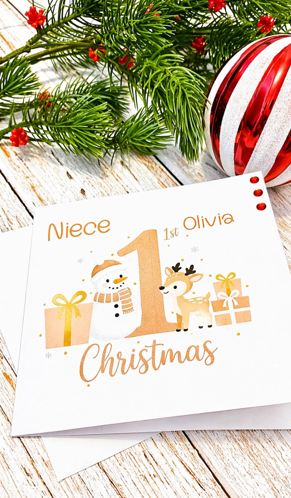 Personalised Niece 1st Christmas Card | Snowman Fawn Reindeer Gold Gifts | Name | 6x6
