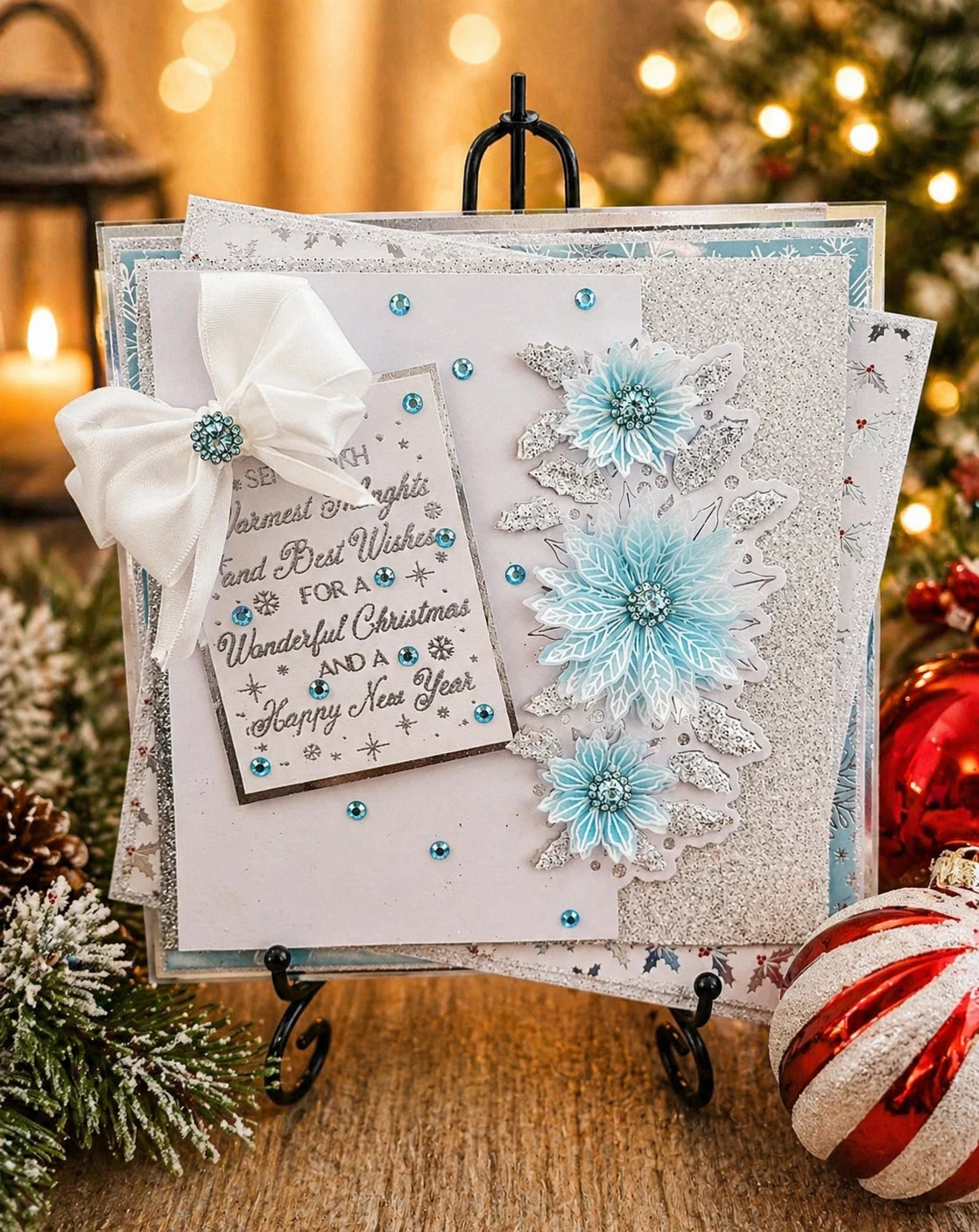 Personalised 3D Luxury Boxed Christmas Card | Ice Blue Poinsettias Silver Glitter | Any Relation | Handmade 8x8